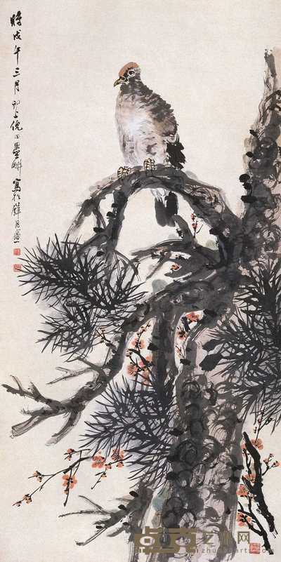 倪田 1918年作 松鹰图 立轴 135×67.5cm